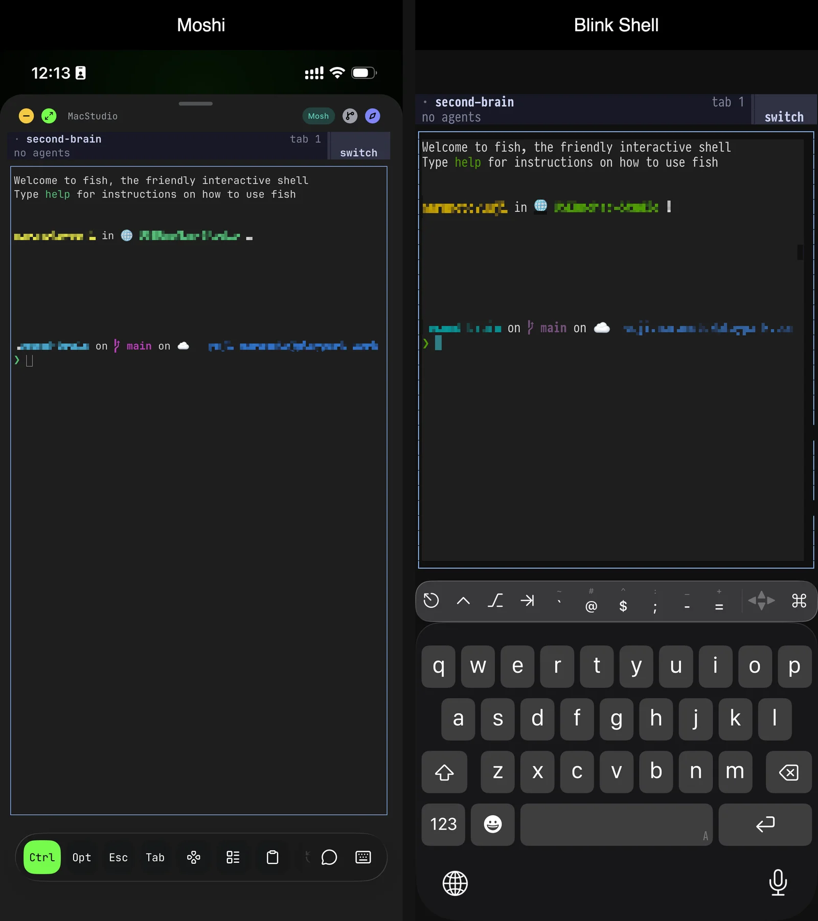 MoshiとBlink Shellで同じ接続先を開いた画面比較。左のMoshiは画面下部にCtrlやTabなどの操作ボタンが一列並ぶだけでターミナル全体が見渡せる。右のBlink Shellは画面の下半分がQWERTYキーボードに占有され、ターミナルは上半分しか見えない